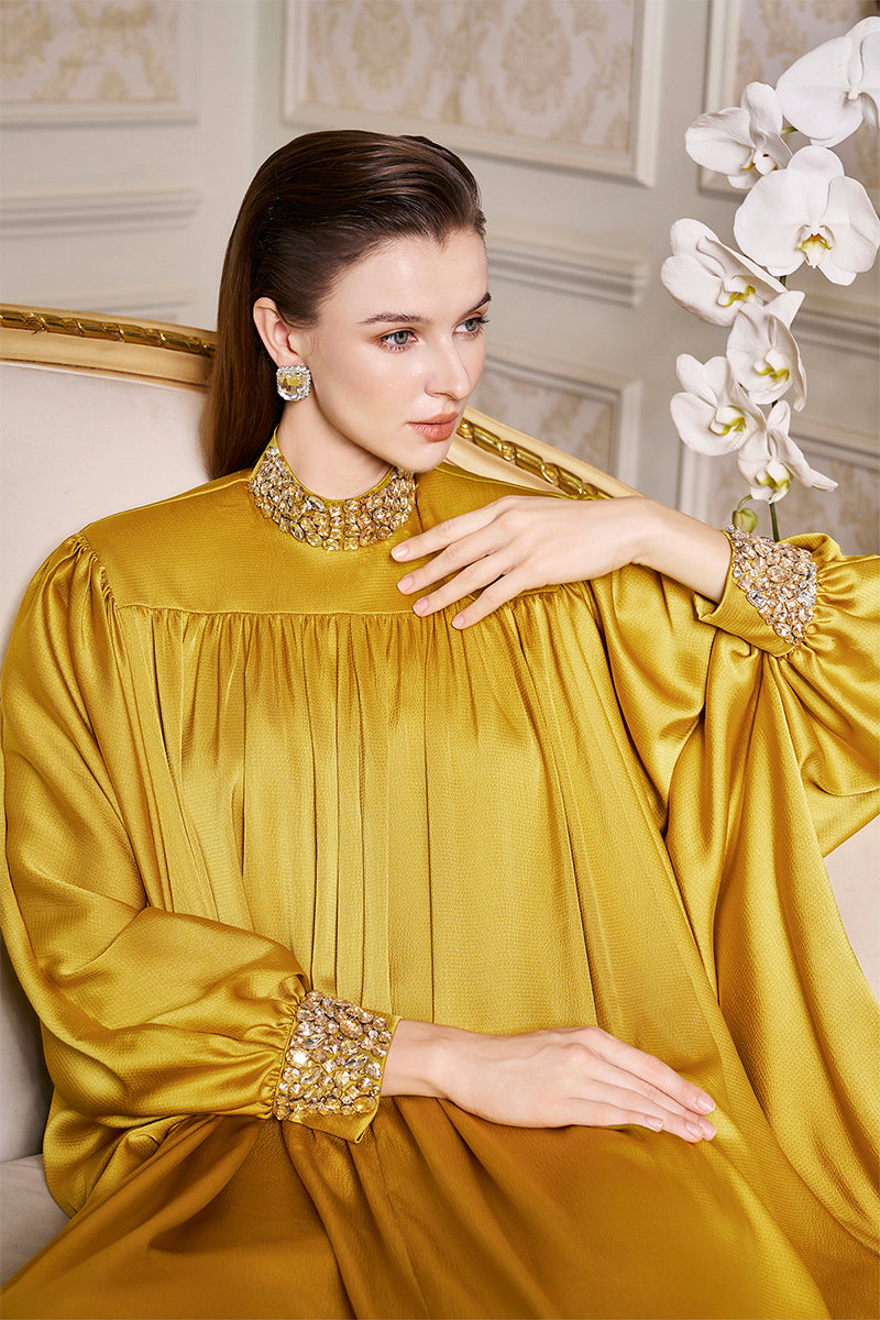 YELLOW HIGH-NECK BOUFFANT SLEEVES GOWN - CULT MIA