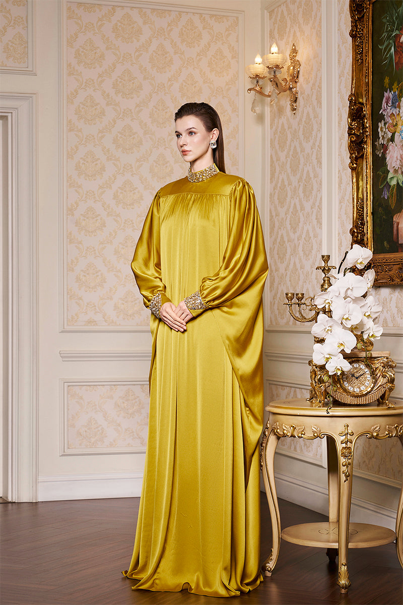 YELLOW HIGH-NECK BOUFFANT SLEEVES GOWN - CULT MIA