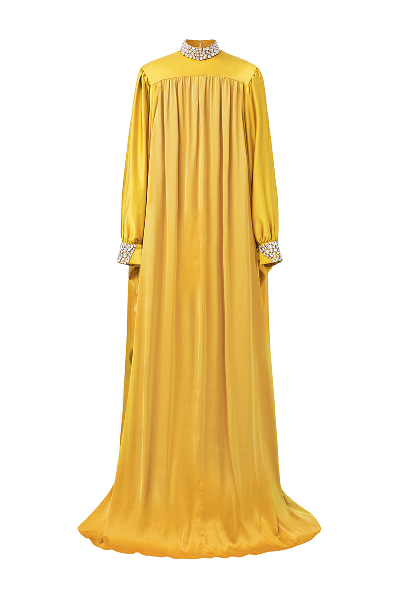 YELLOW HIGH-NECK BOUFFANT SLEEVES GOWN - CULT MIA