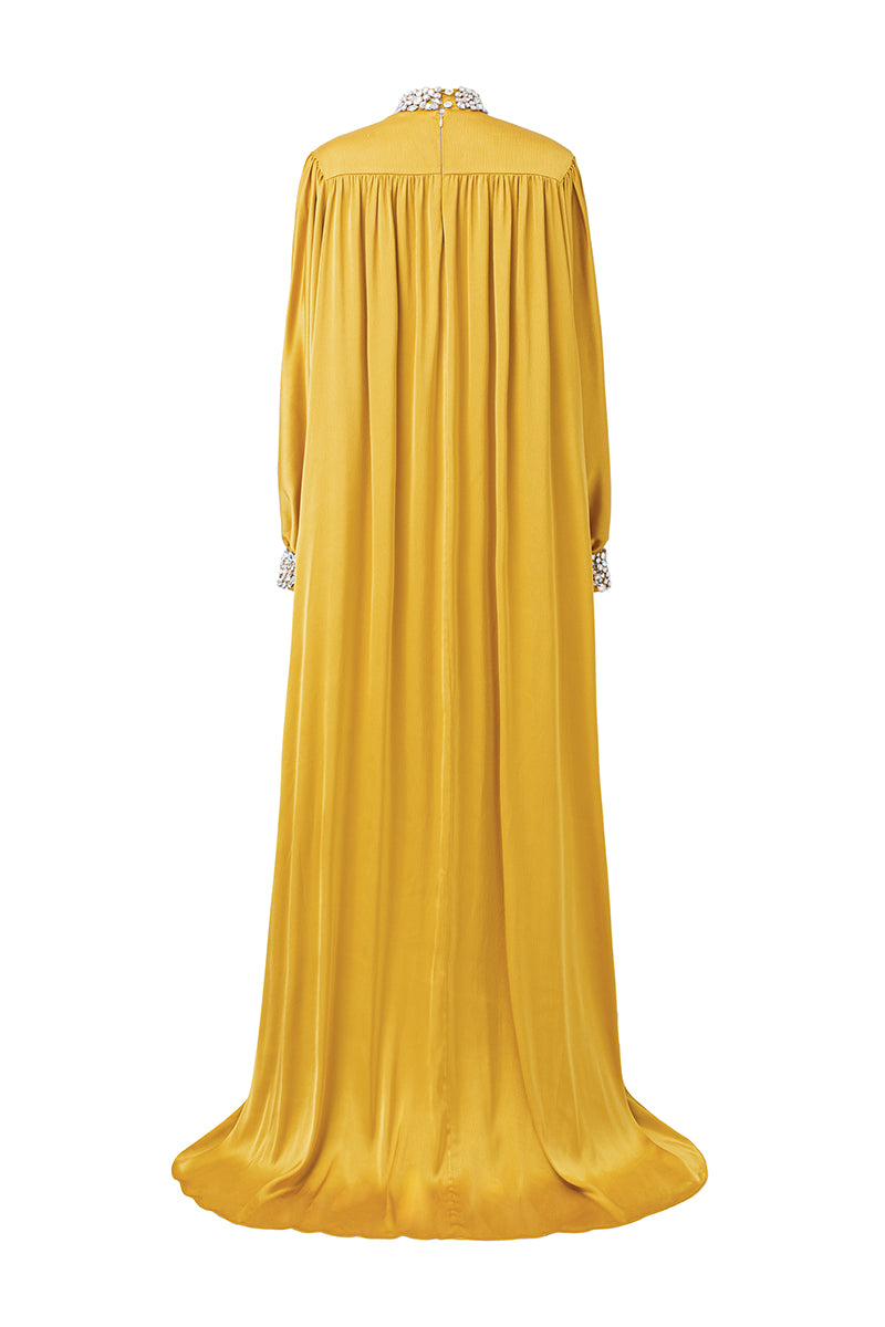 YELLOW HIGH-NECK BOUFFANT SLEEVES GOWN - CULT MIA