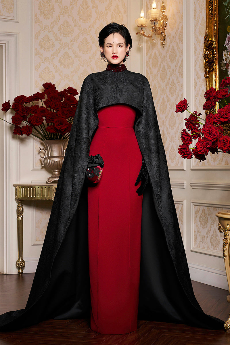 ROUND NECKLINE SLEEVELESS GOWN WITH ROSE JACQUARD LONG CAPE - CULT MIA