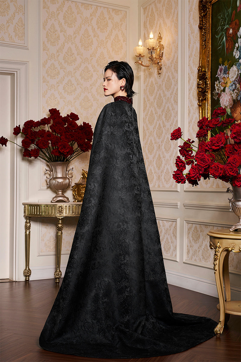 ROUND NECKLINE SLEEVELESS GOWN WITH ROSE JACQUARD LONG CAPE - CULT MIA