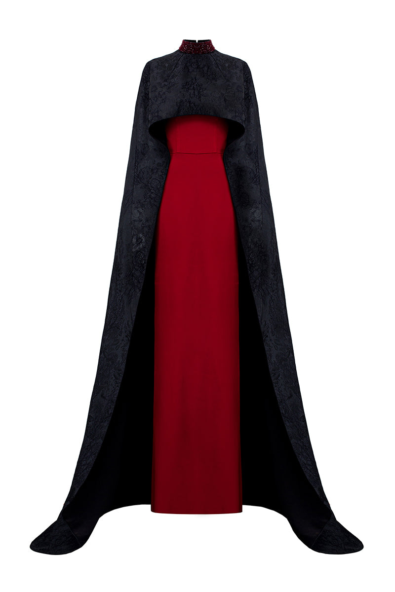 ROUND NECKLINE SLEEVELESS GOWN WITH ROSE JACQUARD LONG CAPE - CULT MIA