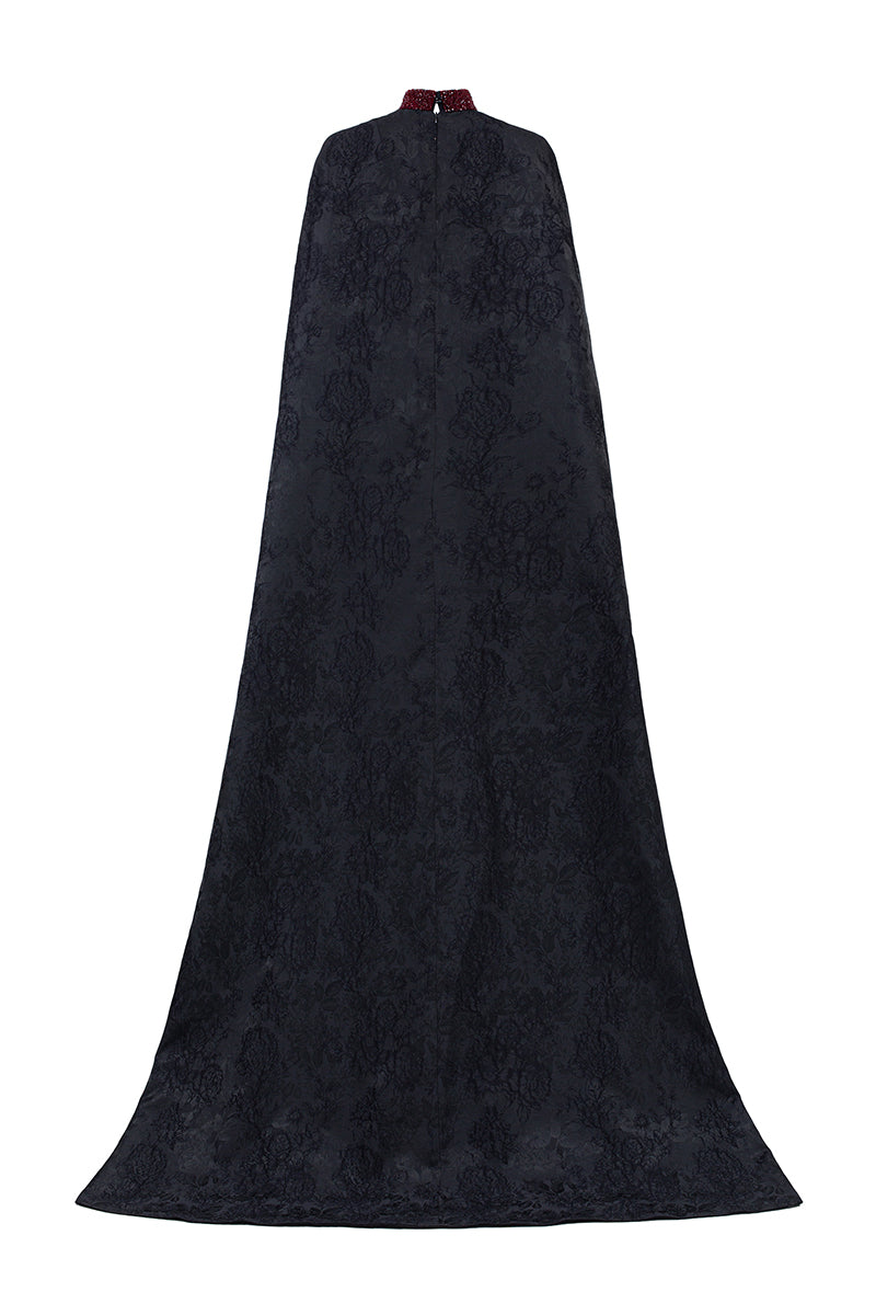 ROUND NECKLINE SLEEVELESS GOWN WITH ROSE JACQUARD LONG CAPE - CULT MIA