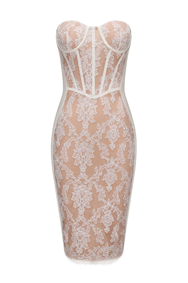White Elsa lace midi dress by Nana Jacqueline, featuring intricate lace details and a elegant, flowing design.