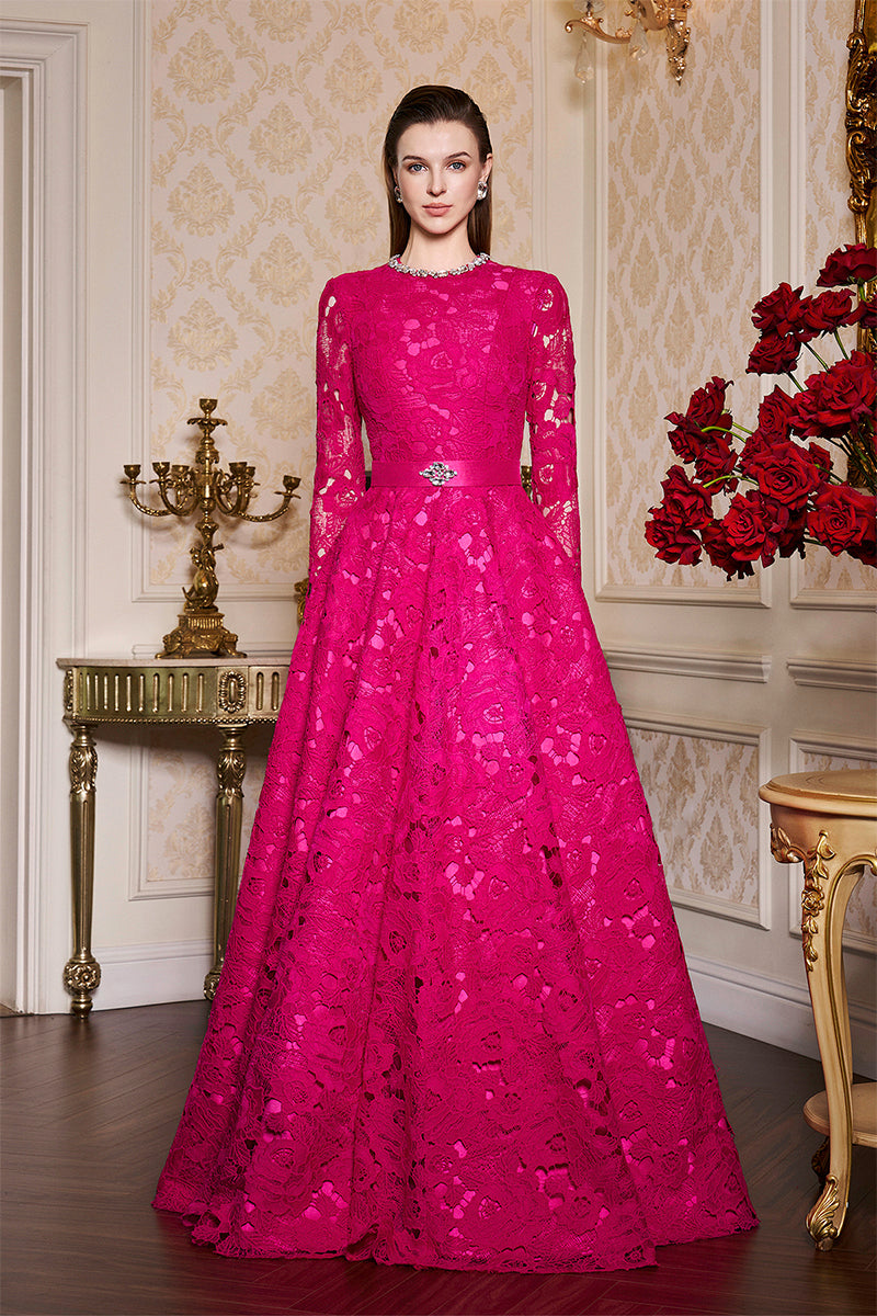FUCHSIA ROUND NECKLINE LACE AND TAFFETA GOWN - CULT MIA