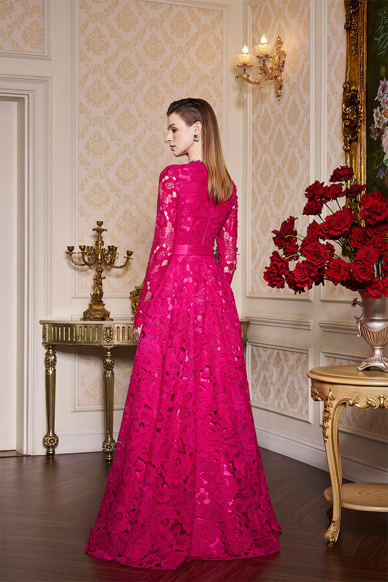 FUCHSIA ROUND NECKLINE LACE AND TAFFETA GOWN - CULT MIA