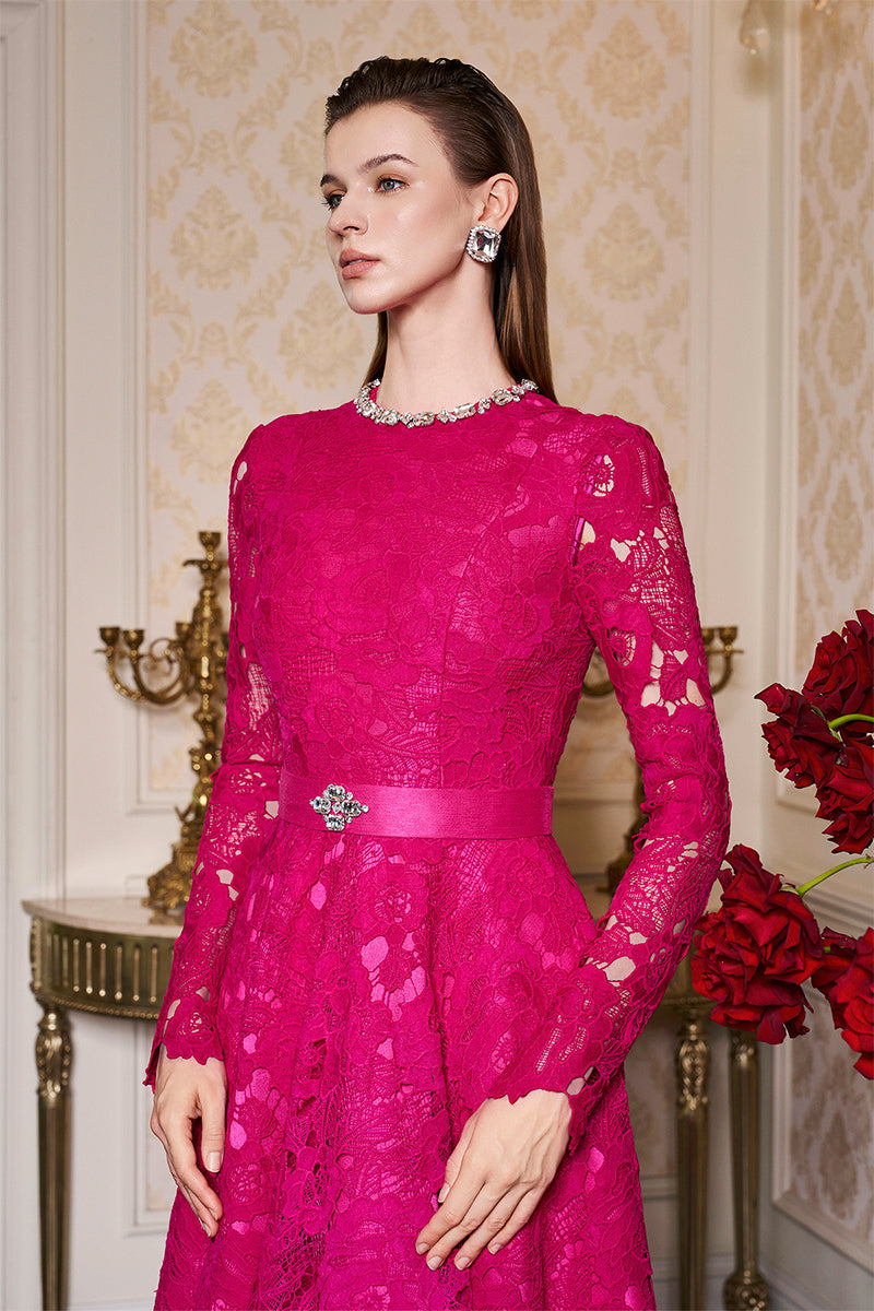 FUCHSIA ROUND NECKLINE LACE AND TAFFETA GOWN - CULT MIA