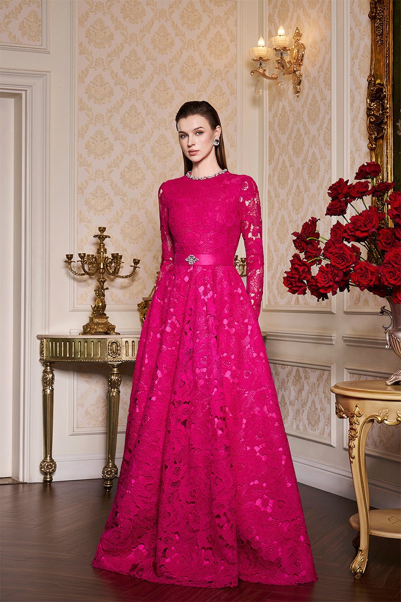 FUCHSIA ROUND NECKLINE LACE AND TAFFETA GOWN - CULT MIA