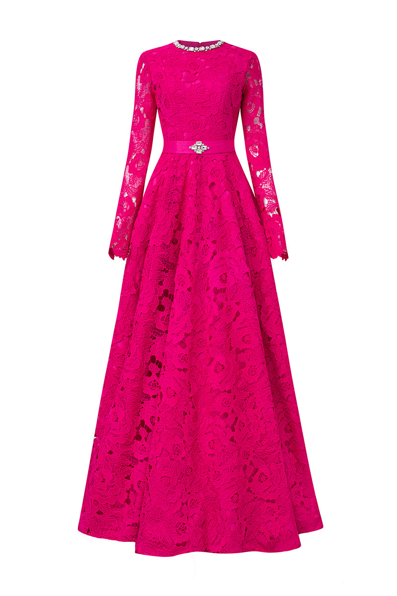 FUCHSIA ROUND NECKLINE LACE AND TAFFETA GOWN - CULT MIA