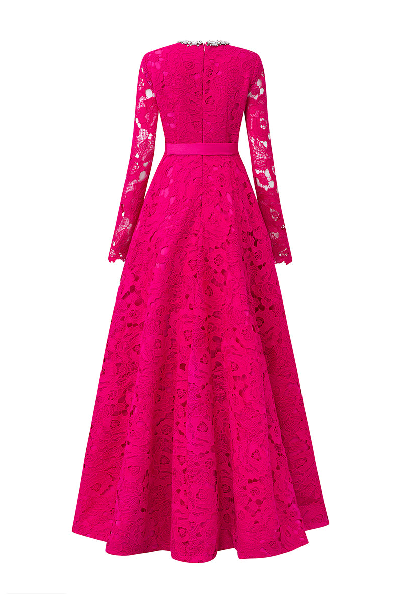 FUCHSIA ROUND NECKLINE LACE AND TAFFETA GOWN - CULT MIA
