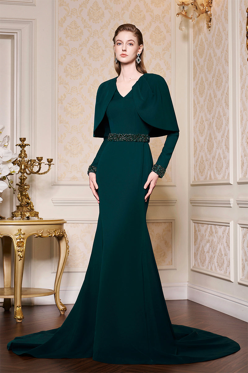 DARK GREEN V-NECK PLEATED COLLAR MULLET GOWN - CULT MIA