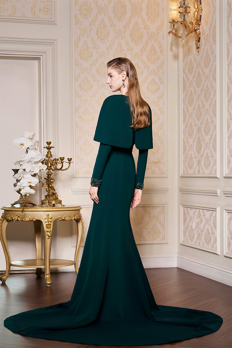 DARK GREEN V-NECK PLEATED COLLAR MULLET GOWN - CULT MIA
