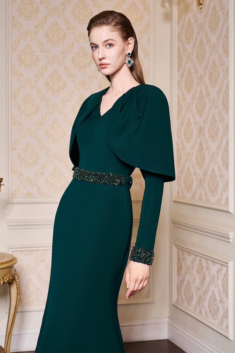 DARK GREEN V-NECK PLEATED COLLAR MULLET GOWN - CULT MIA