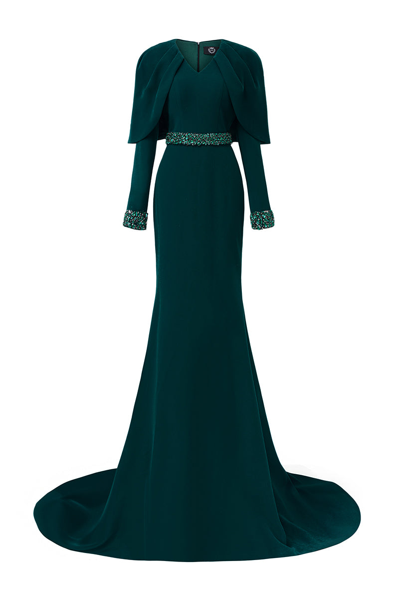 DARK GREEN V-NECK PLEATED COLLAR MULLET GOWN - CULT MIA