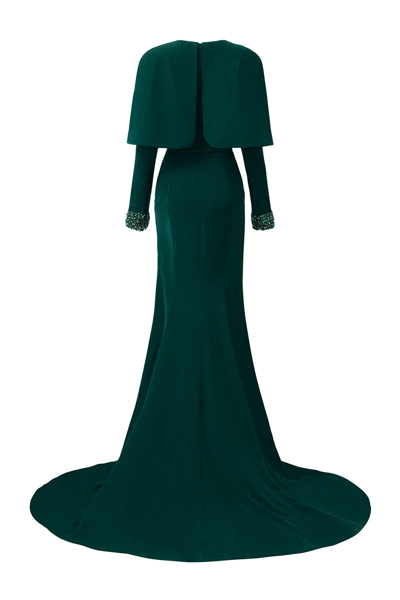 DARK GREEN V-NECK PLEATED COLLAR MULLET GOWN - CULT MIA