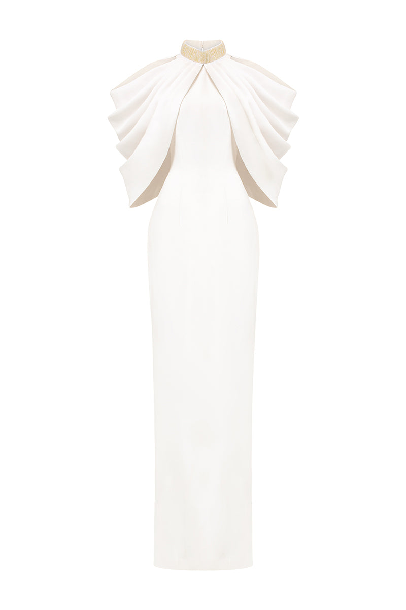WHITE BOTTLE NECKLINE DRAPED SHOULDER GOWN - CULT MIA