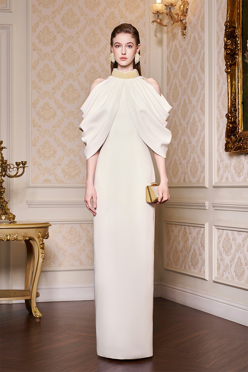 WHITE BOTTLE NECKLINE DRAPED SHOULDER GOWN - CULT MIA