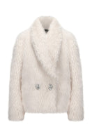 Nana Jacqueline Alyssa fur coat displayed on a hanger, showcasing plush beige fur and elegant design for winter fashion.