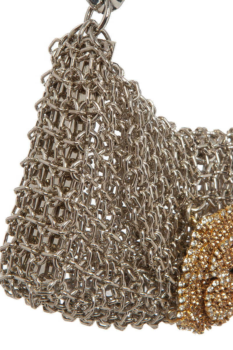 Silvia Gnecchi Camelia Chain Bag shoulder bag with floral design, gold chain strap, and elegant leather construction.