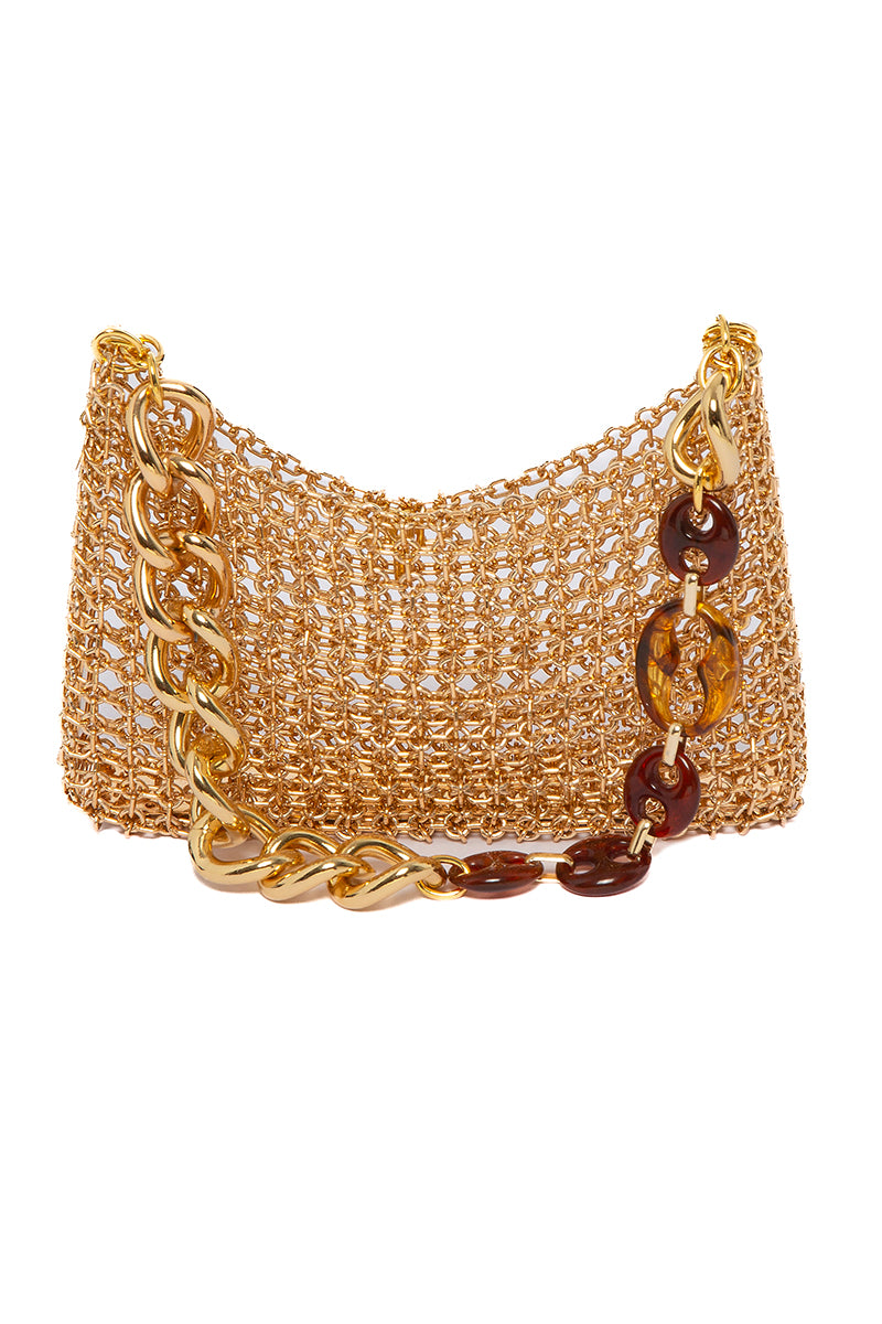 Silvia Gnecchi caramel chain shoulder bag with gold-tone hardware and adjustable strap, stylish accessory for everyday wear.