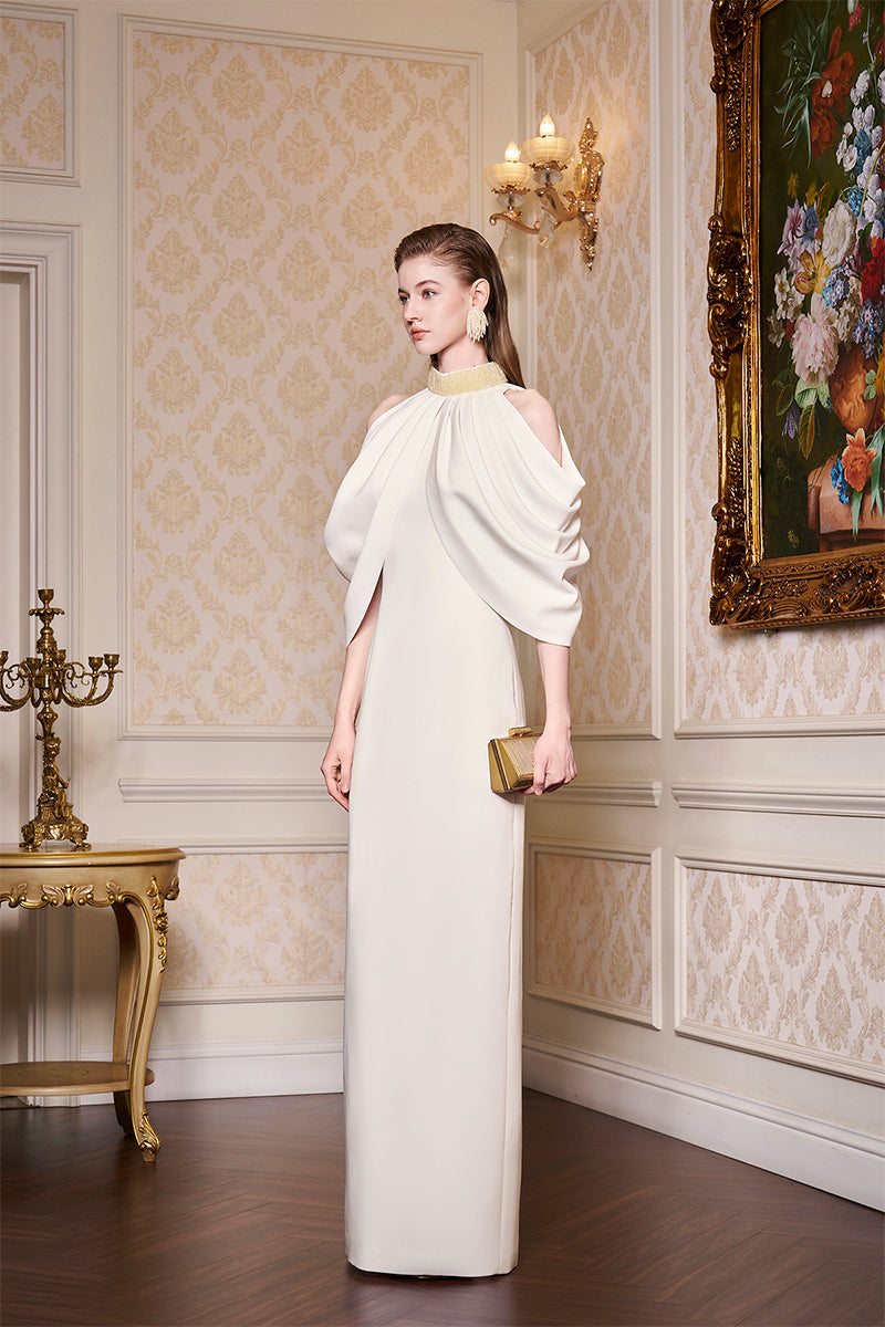 WHITE BOTTLE NECKLINE DRAPED SHOULDER GOWN - CULT MIA