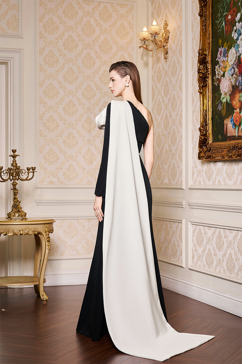 BLACK ASYMETRICAL SHOULDER GOWN WITH DRAPED ROSE - CULT MIA