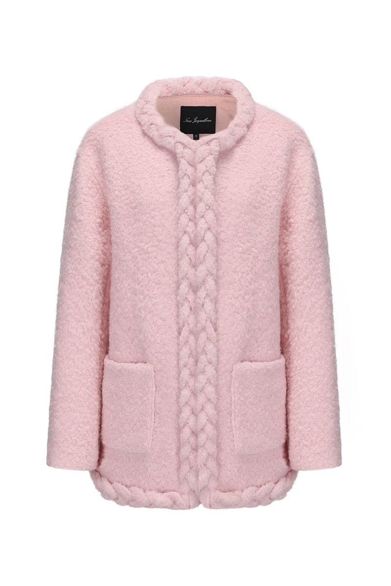 Nana Jacqueline Talia pink coat with tailored fit and stylish collar, shown on a hanger against a neutral background.