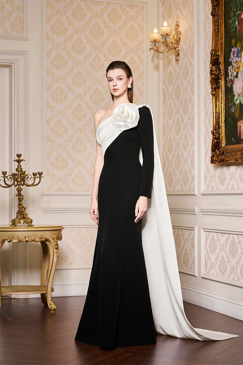 BLACK ASYMETRICAL SHOULDER GOWN WITH DRAPED ROSE - CULT MIA