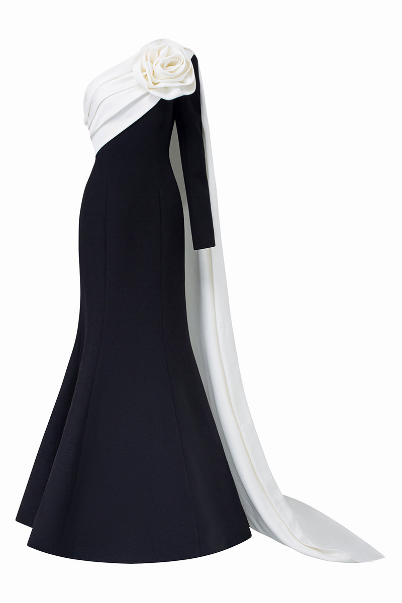 BLACK ASYMETRICAL SHOULDER GOWN WITH DRAPED ROSE - CULT MIA