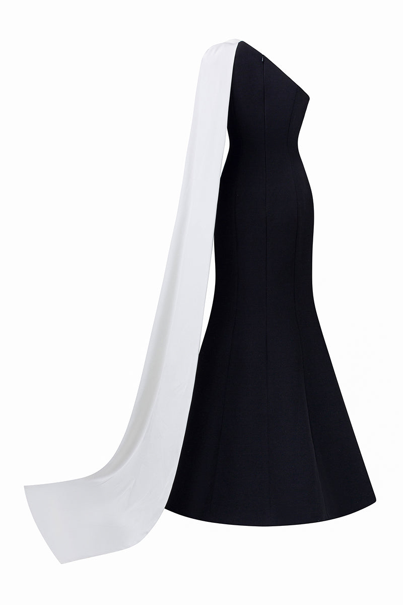 BLACK ASYMETRICAL SHOULDER GOWN WITH DRAPED ROSE - CULT MIA