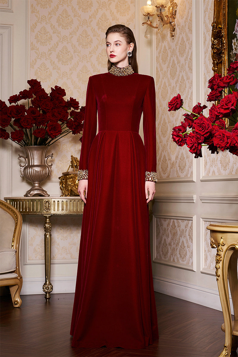 TURTLENECK COLLAR PLEATED WAIST VELVET GOWN - CULT MIA