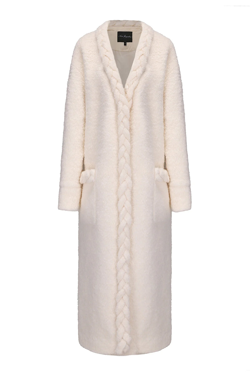 Nana Jacqueline Elsa coat in off-white, stylish winter coat with a tailored fit and elegant design, displayed on a hanger.