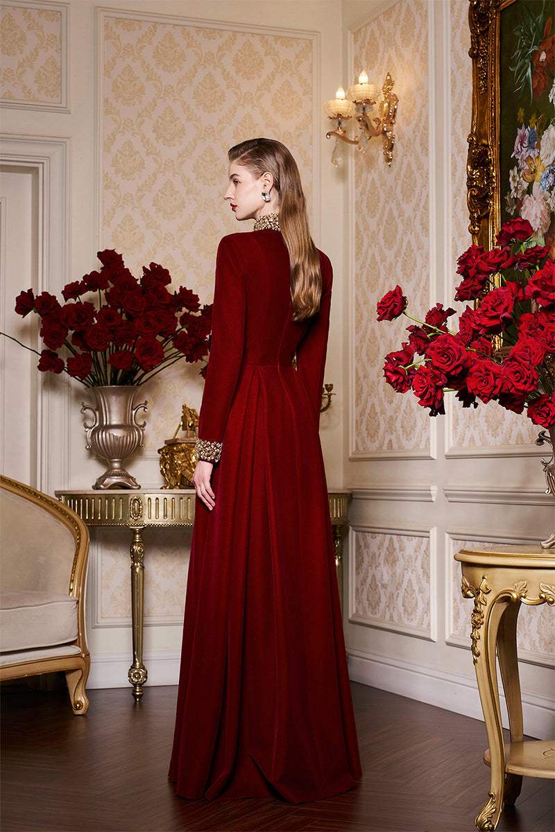 TURTLENECK COLLAR PLEATED WAIST VELVET GOWN - CULT MIA