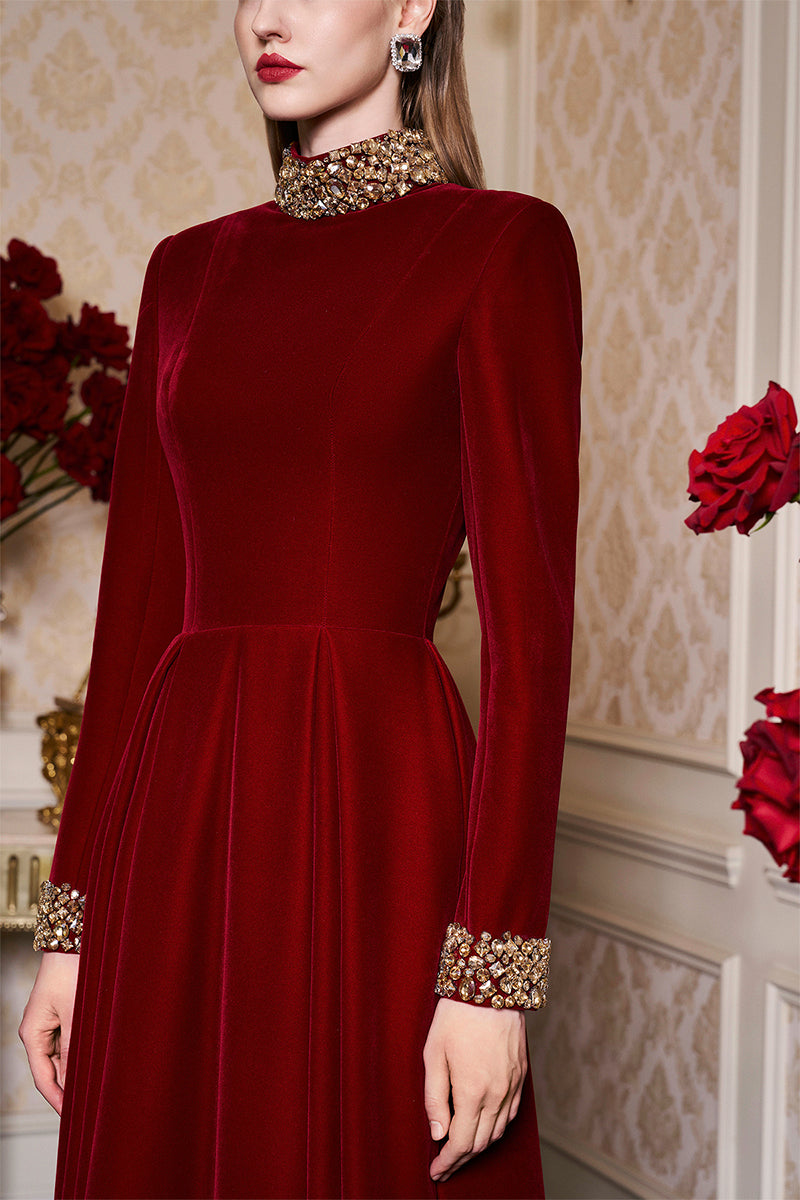 TURTLENECK COLLAR PLEATED WAIST VELVET GOWN - CULT MIA