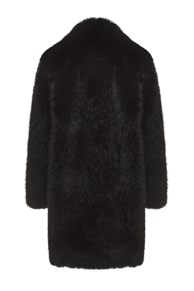 Black Sofia fur coat by Nana Jacqueline, stylish winter coat with plush fur details, displayed on a hanger.