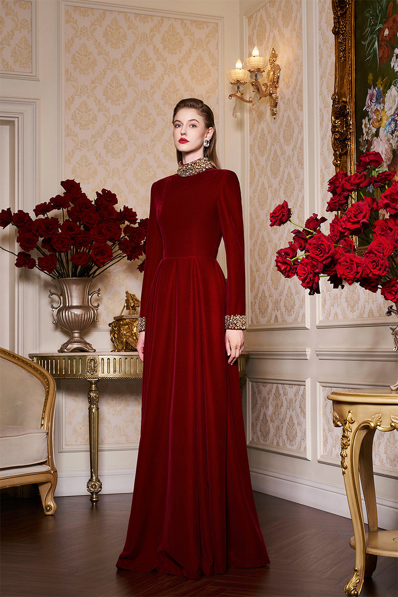 TURTLENECK COLLAR PLEATED WAIST VELVET GOWN - CULT MIA