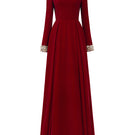 Velvet gown with turtleneck collar, pleated waist design by I.H.F, elegant evening dress for formal occasions.