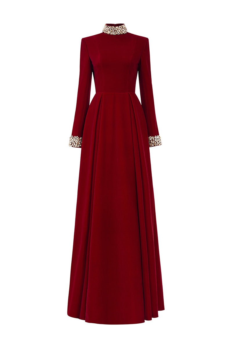 TURTLENECK COLLAR PLEATED WAIST VELVET GOWN - CULT MIA