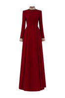 Velvet gown with turtleneck collar, pleated waist design by I.H.F, elegant evening dress for formal occasions.