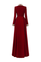 Velvet gown with turtleneck collar, pleated waist design, by I.H.F, featuring elegant, flowing fabric and sophisticated style.
