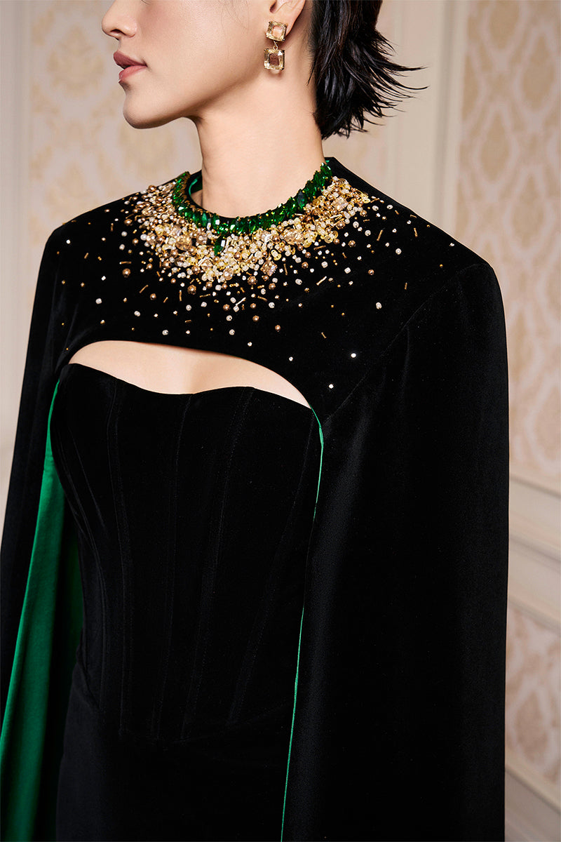 BLACK STRAPLESS BUSTIER VELVET GOWN WITH LONG CAPE - CULT MIA