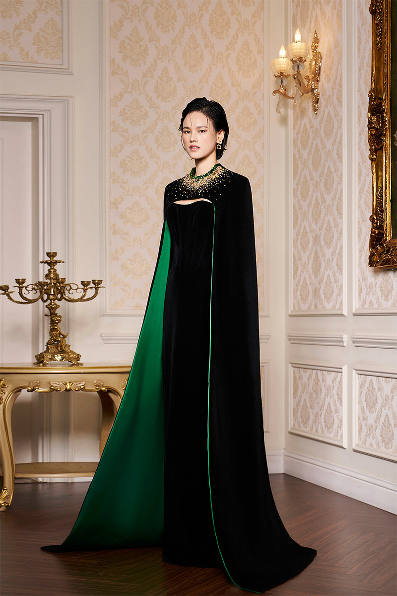 BLACK STRAPLESS BUSTIER VELVET GOWN WITH LONG CAPE - CULT MIA