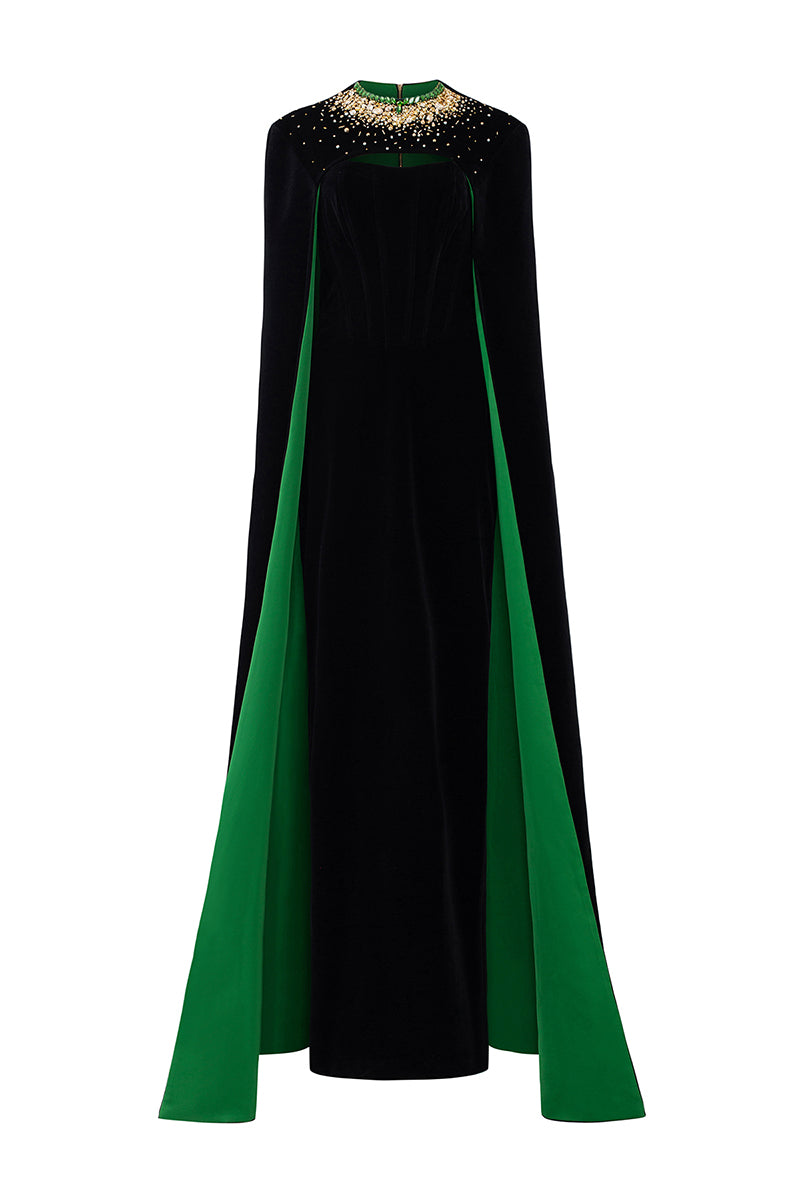 BLACK STRAPLESS BUSTIER VELVET GOWN WITH LONG CAPE - CULT MIA