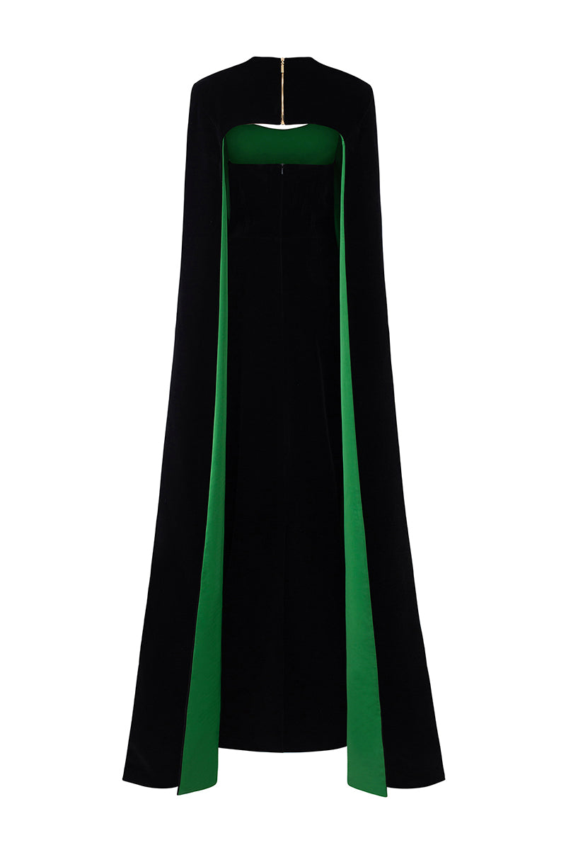 BLACK STRAPLESS BUSTIER VELVET GOWN WITH LONG CAPE - CULT MIA