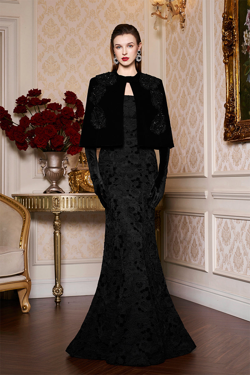 BLACK PRINCESS LINE STRAPLESS BLACK DRESS WITH CAPE - CULT MIA