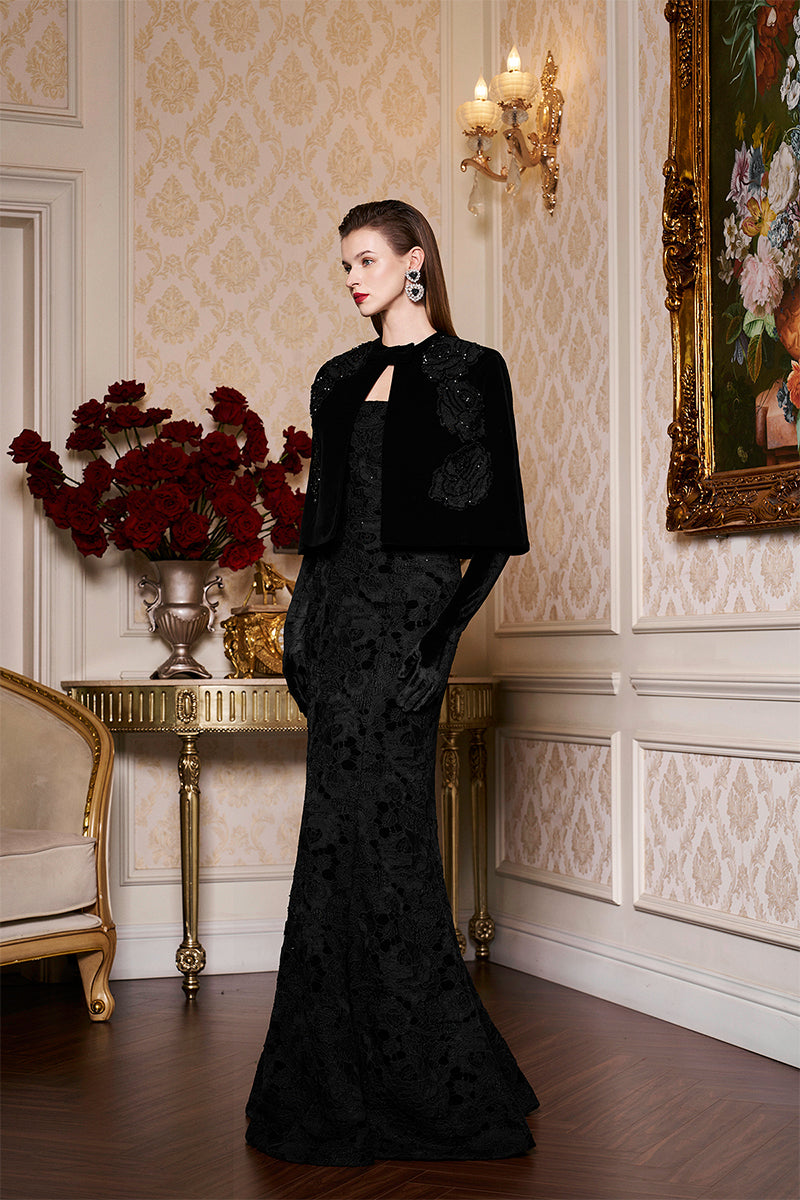 BLACK PRINCESS LINE STRAPLESS BLACK DRESS WITH CAPE | CULT MIA | I.H.F BLACK PRINCESS LINE STRAPLESS BLACK DRESS WITH CAPE | CULT MIA | I.H.F
