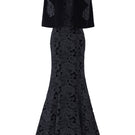 Black princess line strapless gown with a cape from I.H.F, featuring a fitted bodice and flowing skirt.