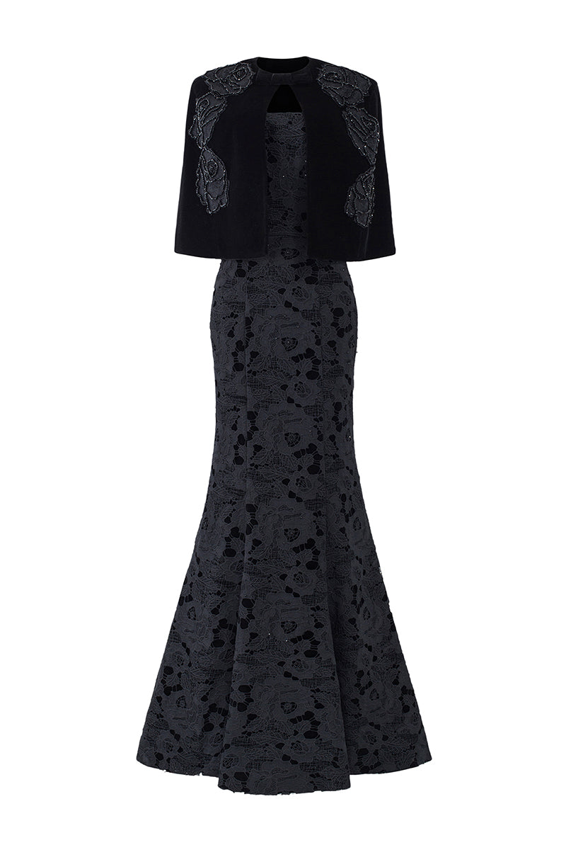 BLACK PRINCESS LINE STRAPLESS BLACK DRESS WITH CAPE - CULT MIA