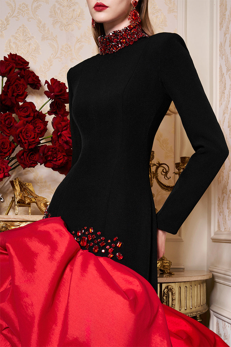 HIGH NECKLINE GOWN WITH DRAPED TAFFETA HEM - CULT MIA